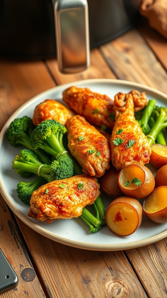 Crispy chicken wings, roasted broccoli, and baby potatoes on a plate, showcasing air fryer cooking.